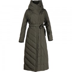 СКИДКА 3DIMENSIONS зимнее женское пуховое пальто классическое ниже колена с капюшоном и поясом темно-зеленое хаки, черно