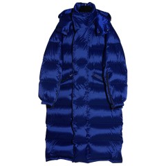 FOLOVERA длинный теплый женский зимний пуховик синий кобальтовый оверсайз с капюшоном наполнитель гусиный пух
